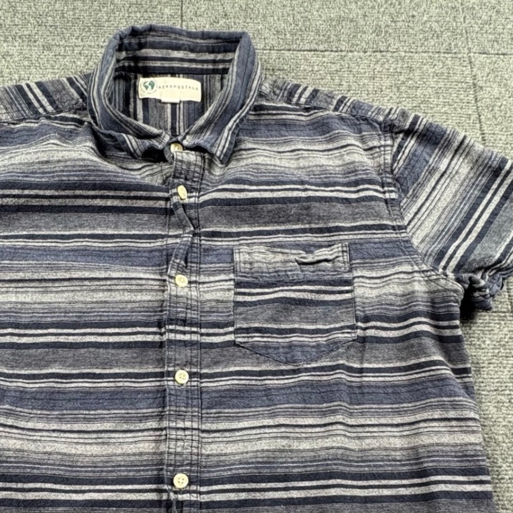 Aeropostale Mens Medium Blue Striped Cotton Hemp Short Sleeve Button Down Shirt